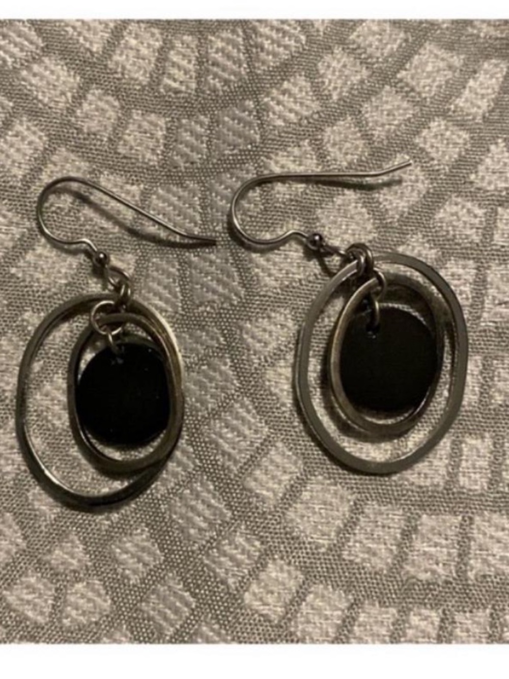 Silver-Tone Double Hoop Earrings with Black Discs - Women Jewelry